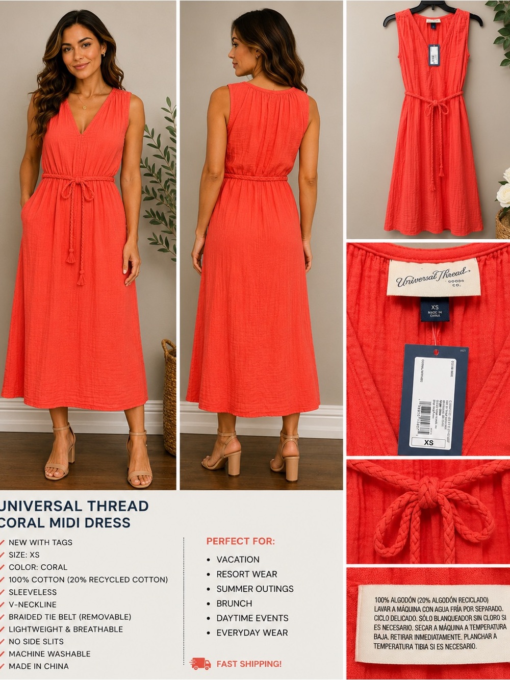 Universal Thread NWT Coral Cotton Midi Dress XS Belted